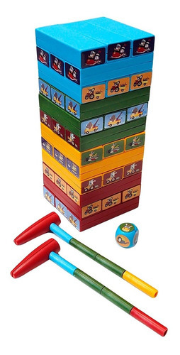 Torre Equilibrio Simil Jenga + Dado Stickers Martillo 36pzas