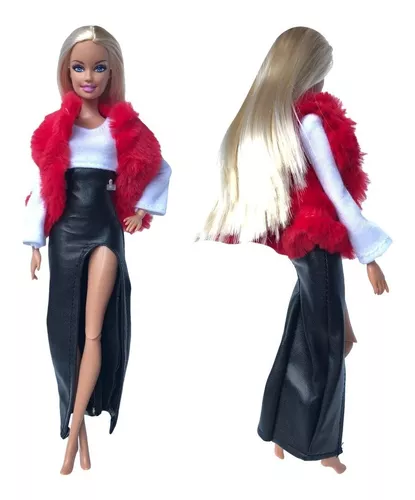 Kit Roupa C/ Vestido Em Couro Para Boneca Barbie 4 Pçs