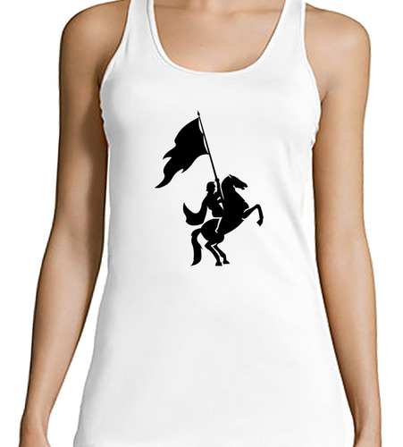 Musculosa Mujer Jinete Con Bandera Negra Equino