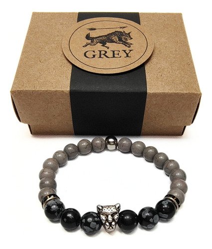 Pulseras Hombre Piedra Gris + Jaspe Nevado Dije Pantera