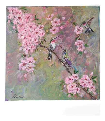 Cuadro Lienzo Pintura Acrílica Flor De Durazno Y Colibríes