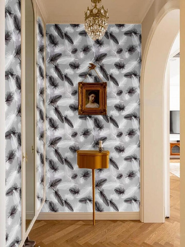 Papel Mural Patrón Plumas Gris, Negra Y Blanco Texturizado