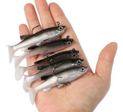 Kit 5 Iscas Artificiais Soft Fish Colorida Cor Cinza+preto