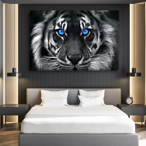 Quadro Decorativo Tigre Preto e Branco Olhos Azuis