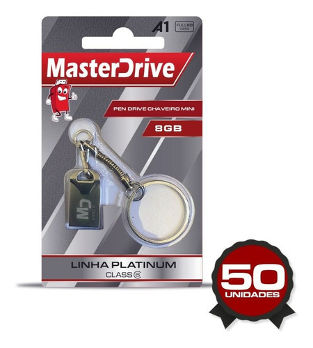 Kit 50 Mini Pendrive 8gb Atacado Masterdrive Platinum Metal Cor Preto/Prateado MD