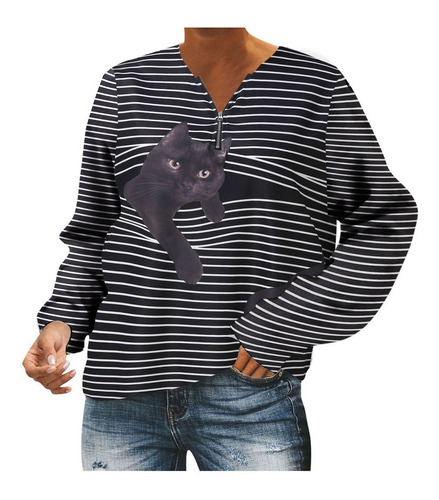 Blusa Mujer Cremallera Gato Estampado Rayas 2566