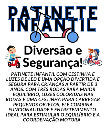 Patinete Infantil 3 Rodas Com Led Som Cesta Menino Cor Azul