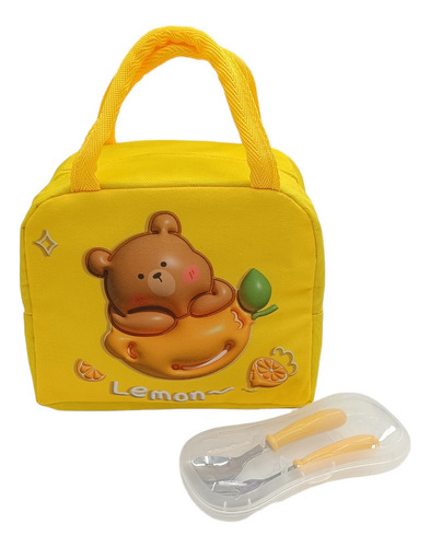 Lonchera Infantil Con Kit De Cubiertos Color Amarillo Oso