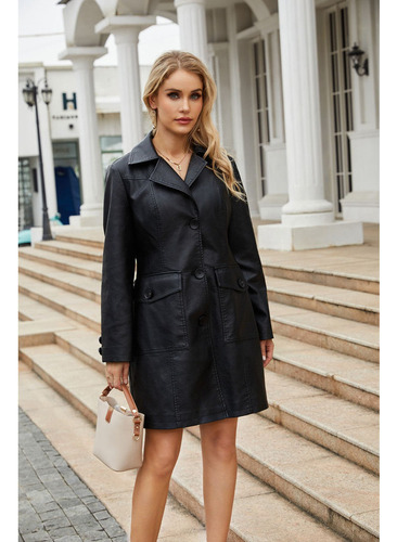 Chaqueta Larga Cuero Para Mujer Cuero Pu Cortavientos Abrigo