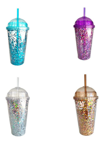 Paquete 12 Vasos Glitter Con Tapa Decorados Modelos 008