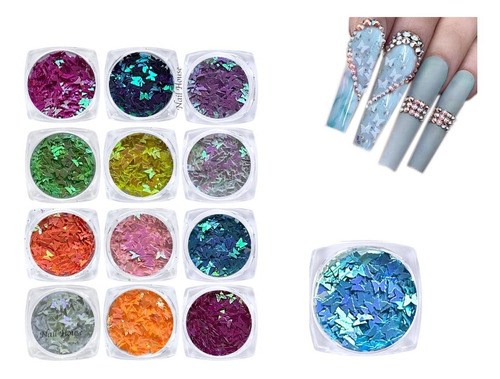 Imagen 1 de 1 de Decoracion De Uñas Y Gelish 12 Frascos Mariposas Metalicas