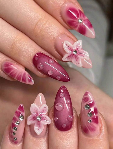 Uñas Postizas Press On Nail Art Flores Rosas Importadas Rosa Viejo Uñas Rosas Floreadas