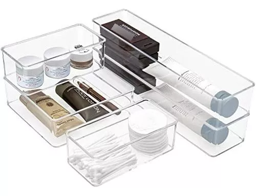 Bandeja organizadora de cajones de escritorio de plástico transparente de 5  piezas, juego divisor de gran tamaño, organizador de maquillaje y