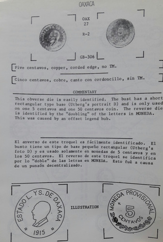 Moneda Colección, Revolución Mexicana.5cent. Oaxaca.1915. (Usado)