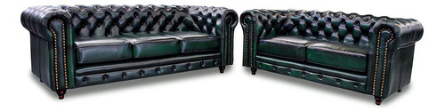 Sala De Piel - Chesterfield / Sofa Y Love - Confortopiel Color Deslavado Verde