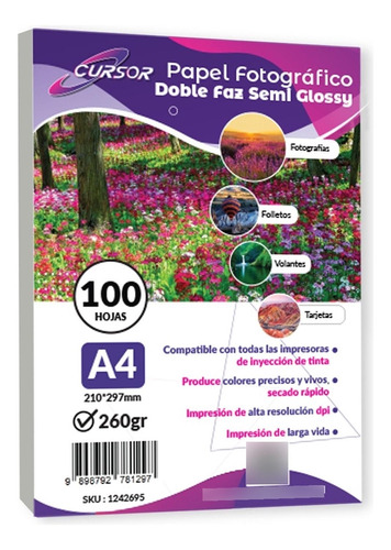 Papel Fotografico Doble Faz Semi-glossy A4/260gr/100 Hjs