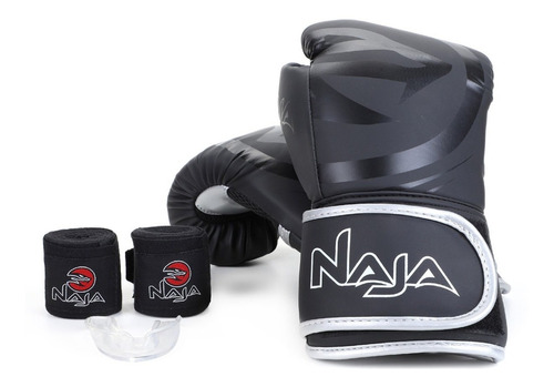 Kit Naja Luva Boxe Preto/cinza + Protetor Bucal + Bandagem