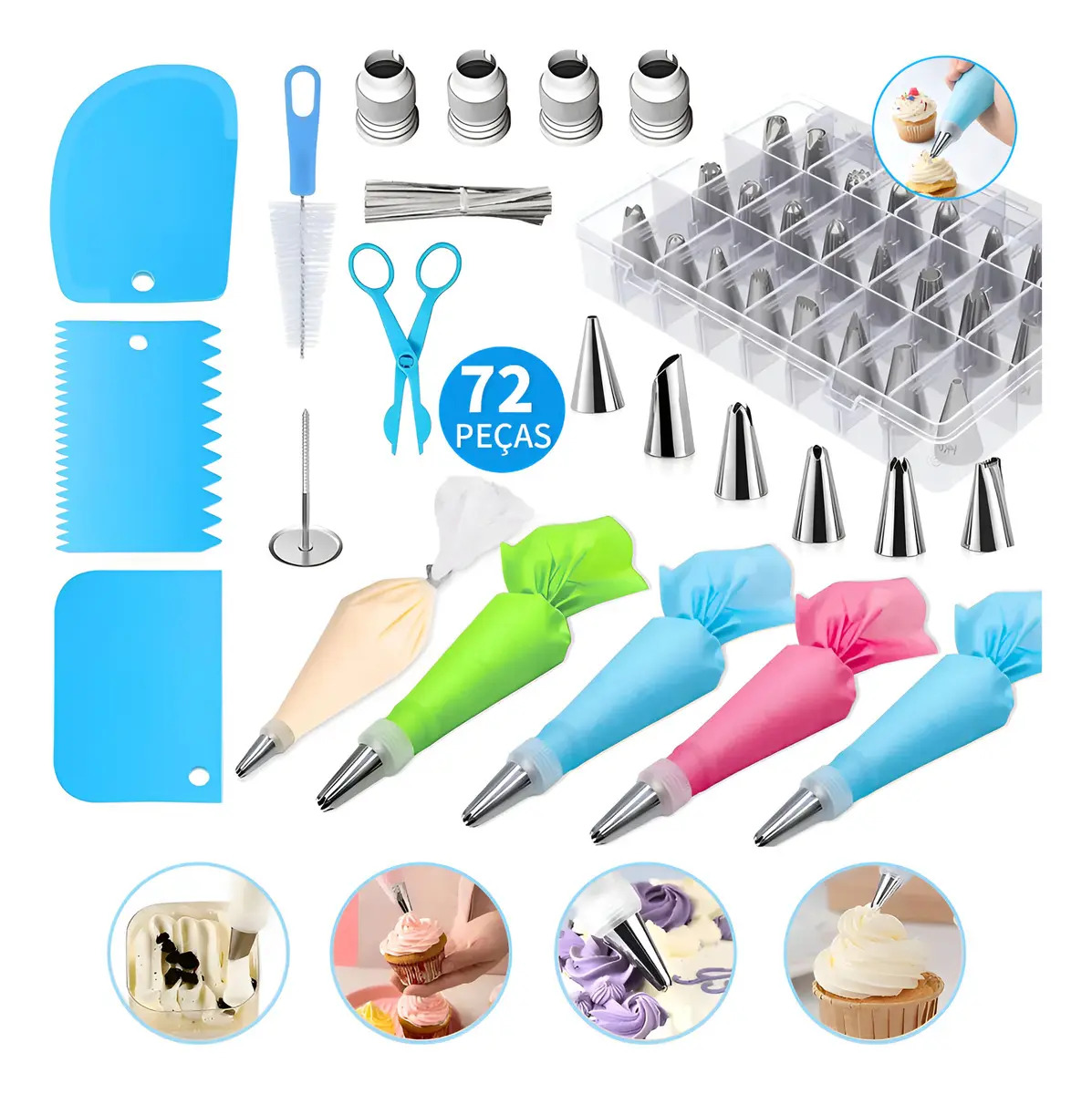 Kit 72 Bico De Confeitar Jogo De Confeiteiro De Bolo Com Espatula Saco Mangas 72 Peças Reutilizável Para Decoração Bolos Cozinha