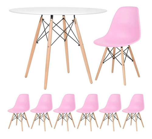Kit Mesa Jantar Eames Wood 100 Cm 6 Cadeiras Eifel Cores Cor Mesa Branco Com Cadeiras Rosa