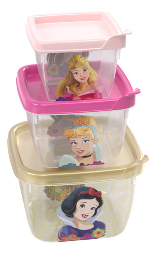 Kit 3 Potes Quadrados Princesas Conect Com Tampa