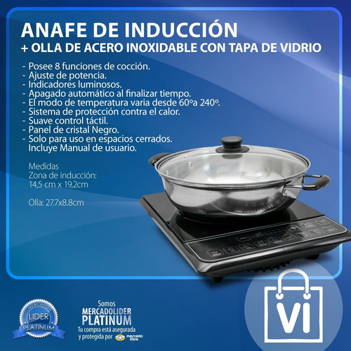 Imagen 2 de 6 de Anafe Eléctrico Inducción 2100w Panel Tactil 8funcion+ Olla