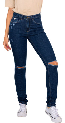 Calça Jeans Skinny Feminina Cintura Média Rasgada 21678