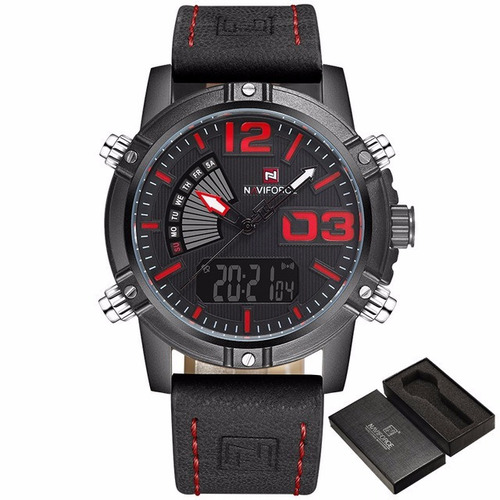 Reloj Cuarzo Militar Cuero Naviforce Nf9095bby Negro Rojo