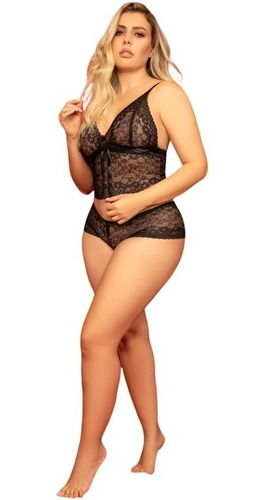 Babydoll Sexy Encaje Satín Sensual Cachetero+bralette Mujer