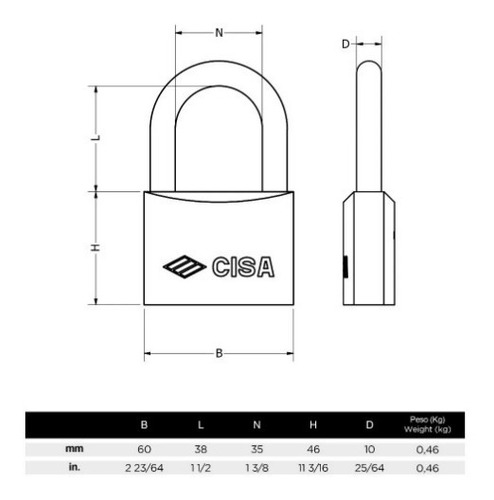 Imagen 8 de 10 de Candado De Arco 60mm Cubierta Abs Con 2 Llaves Cisa Class