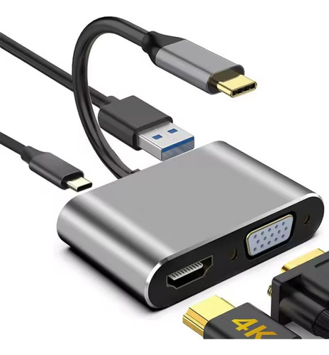 Hub Tipo C Adaptador A Hdmi Vga Usb 3.0 Y Cargar 4 En 1