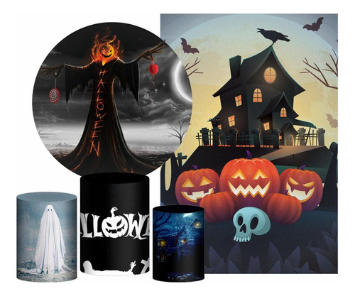 Kit Casado Halloween Espantalho Painel Redondo Trio Capas