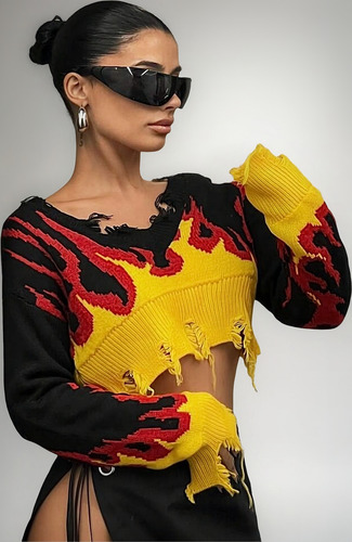 Sweater Lana Corto Desgarrado Fuego Iconic Importado