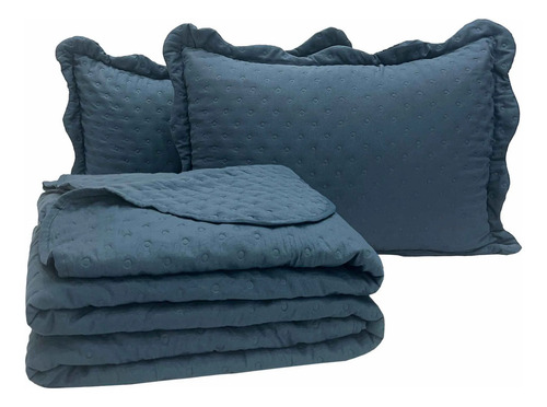 Kit Cobre Leito Percal 300 Fios Dupla Face Queen 3 Peças Cor Azul-escuro Lisa