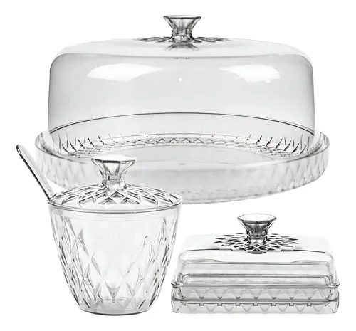 Kit Boleira Com Tampa Manteigueira E Açucareiro Em Acrílico Transparente Mesa Posta Ou Armazenar e Servir BPA Free