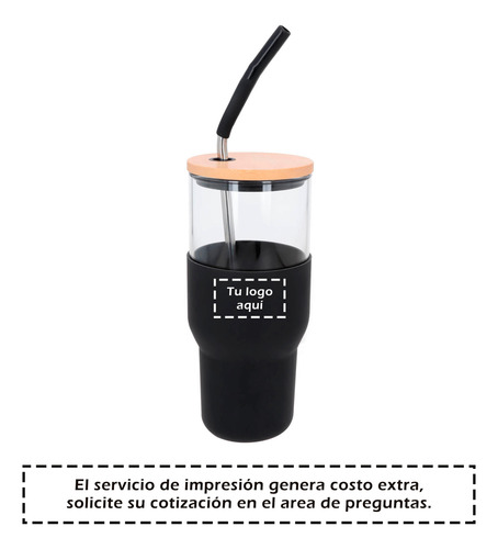 Cilindro 850 Ml De Vidrio Con Tapa De Bambú Y Popote