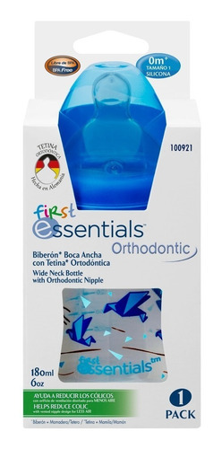 Tetero Ortodóntico Boca Ancha 6oz T1 First Essentia G100921 Color Azul Aves