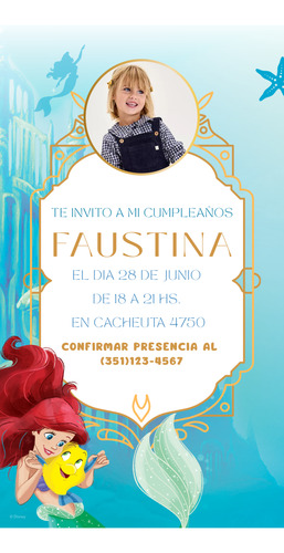 Tarjeta De Invitacion Digital Con Foto La Sirenita Ariel Agua