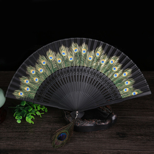 Abanicos De Mano Con Estampado De Pavo Real, Vintage,