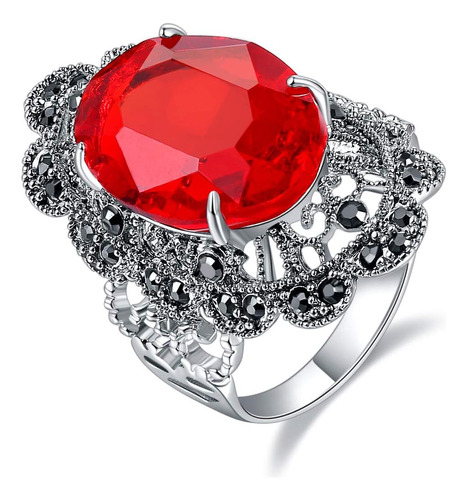 Ajojewel Anillos Ovalados De Cristal Rojo Para Mujer Ahueca 