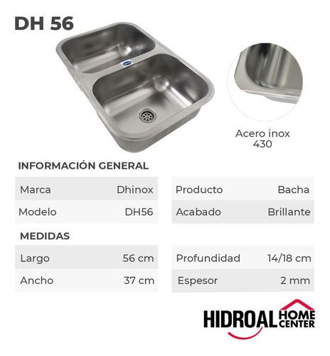 Imagen 3 de 4 de Bacha Para Cocina Doble Acero Inoxidable Pileta 56x37x13 Cm