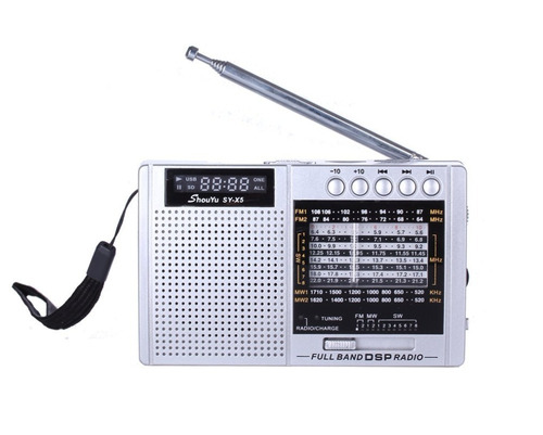 Rádio Receptor Shouyu Sy-x5 Am Fm Sw C/ Mp3 E Dsp Cor Prata