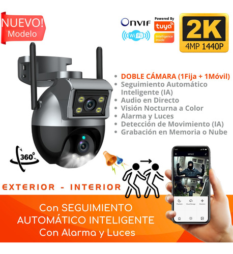 Cámara Doble Lente Wifi Inteligente 2k/4mp, 1 Fija + 1 Móvil