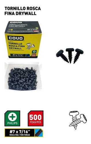 Tornillos Drywall Rosca Fina 7 X 7/16 PuLG X 500 Unid Covo 