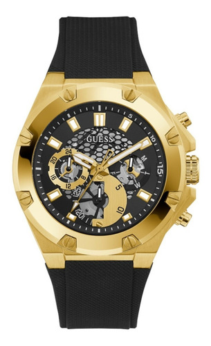 Reloj Hombre Elegante Marca Guess Thrid Color Del Fondo Negro Color De La Correa Negro Color Del Bisel Dorado
