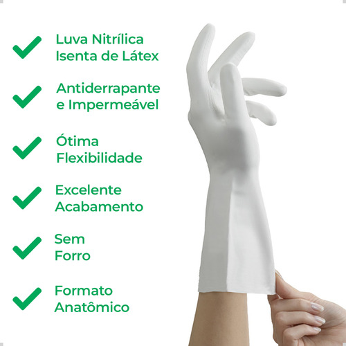 Kit 12 Luva Nitrílica S/ Forro Limpeza Cozinha Branca Volk P