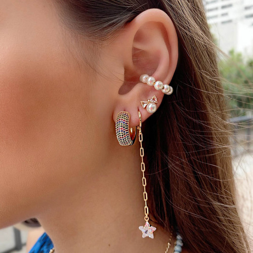 Argola Corrente E Estrela Top Semijoia Cravejada Em Zirconia