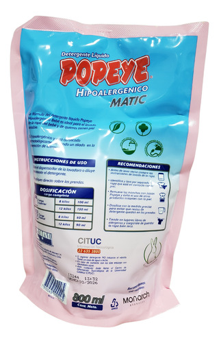 Pack 2 Detergente Líquido Popeye Hipoalergénico 800ml