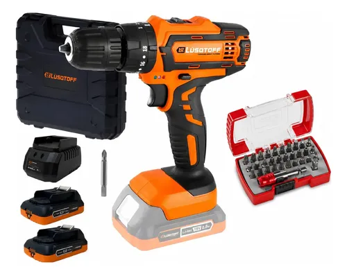 Taladro Atornillador Percutor Lusqtoff 18v 2 Bat + Puntas Naranja
