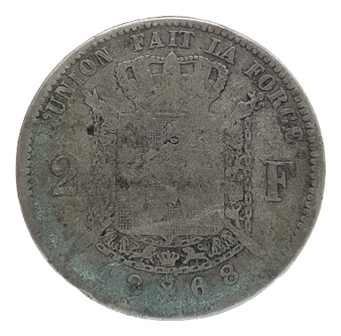 Antigua Moneda De Plata 2 Francos Bélgica 1868 Km# 30.1 (Usado)