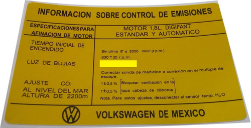 Calcomania Cofre Emisiones Vw Golf Jetta A2 Digifant 88-92 